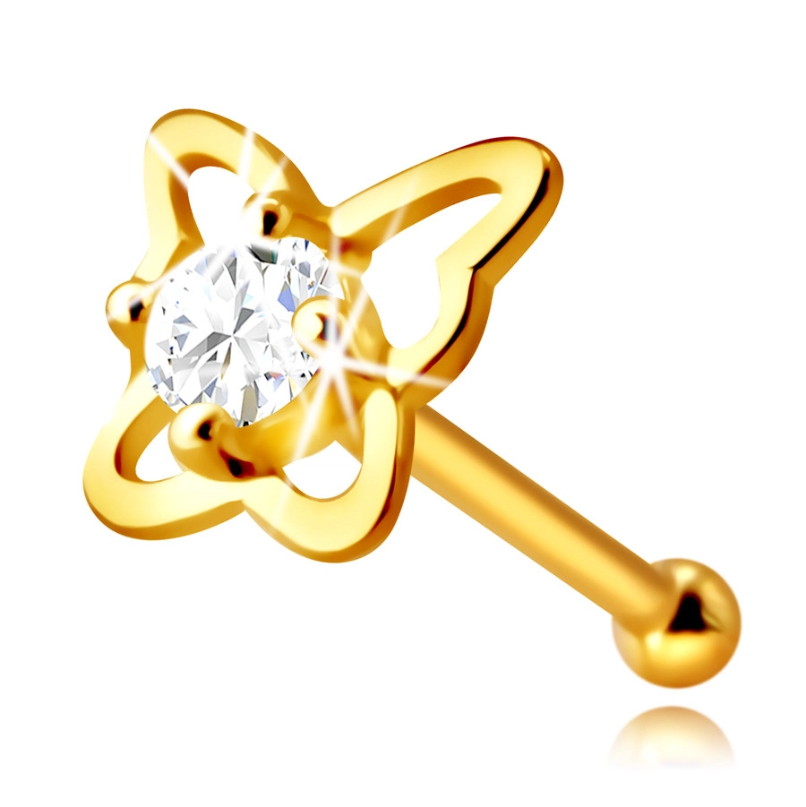 E-shop Šperky Eshop - Zlatý piercing do nosa zo 14K zlata - kontúra motýľa s okrúhlym zirkónom čírej farby, 2,25 mm S1GG240.13