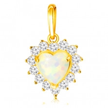 Zlatý 14K prívesok - biely syntetický opál v tvare srdca, lem z okrúhlych čírych zirkónov