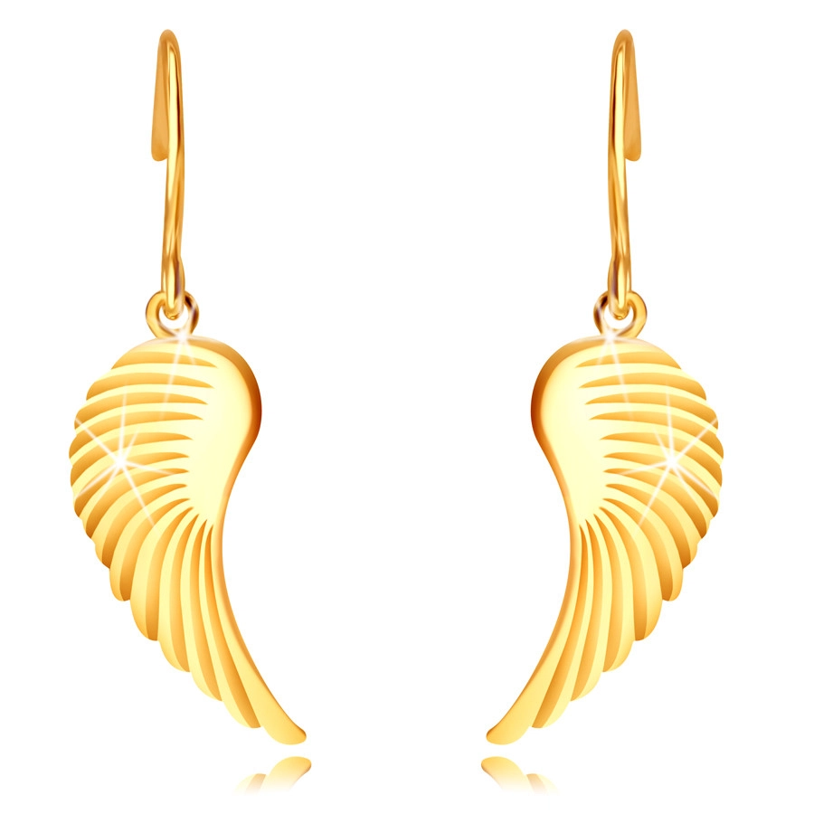Zlaté 14K náušnice - veľké anjelské krídla, lesklý povrch, afroháčik