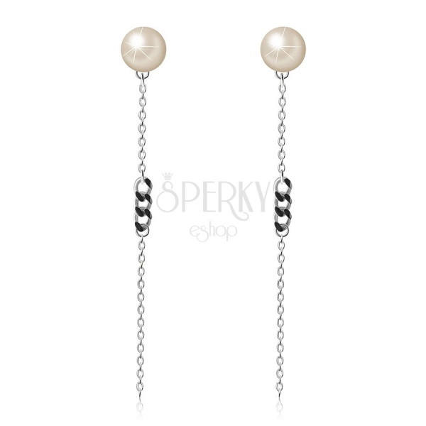 Náušnice z 925 striebra - polguľa v perleťovej farbe, dlhšia retiazka s očkami, puzetky