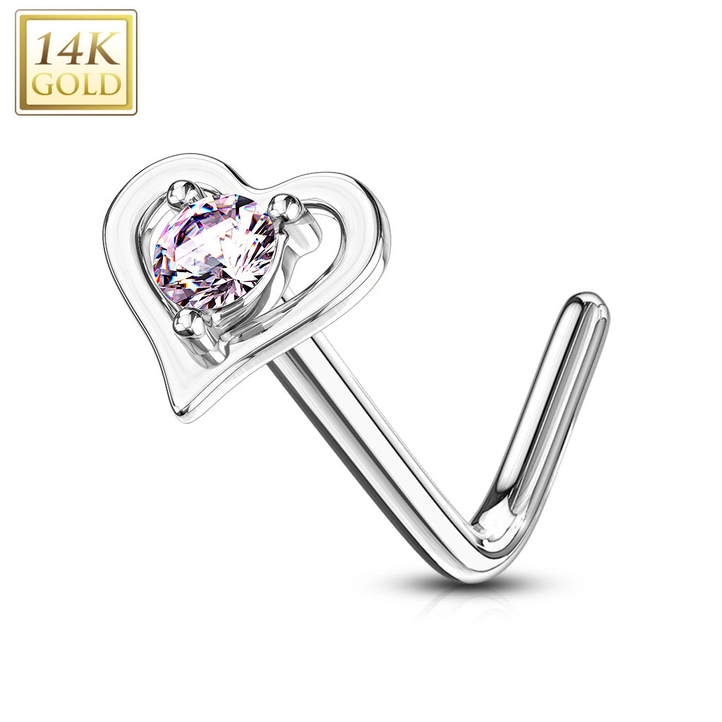 E-shop Šperky Eshop - Zahnutý piercing do nosa z bieleho 14K zlata - kontúra srdiečka s ružovým zirkónom S1GG223.19