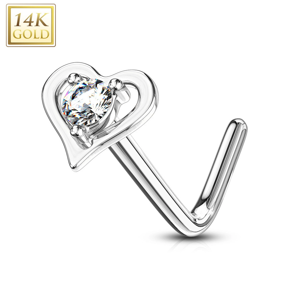 E-shop Šperky Eshop - Piercing do nosa zo 14K bieleho zlata - číry okrúhly zirkón, zahnutý koniec, tvar srdca S1GG223.18
