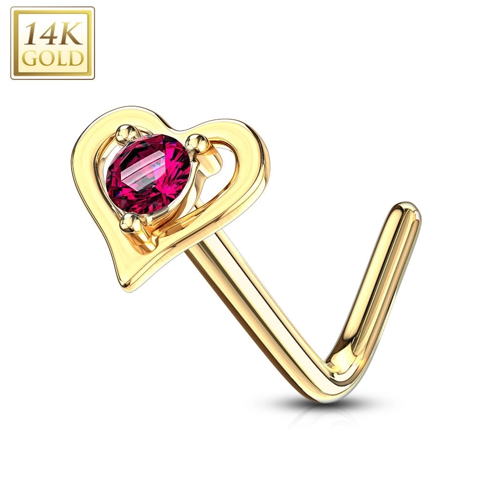 E-shop Šperky Eshop - Piercing do nosa zo 14K žltého zlata - ružový okrúhly zirkón, zahnutý koniec, tvar srdca S1GG223.23