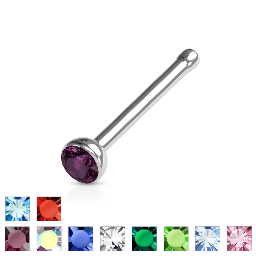 Rovný piercing do nosa z 316L ocele - farebný krištáľ v objímke, 1 mm - Farba zirkónu: Ružová - P