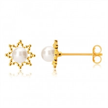 Zlaté 14K náušnice - obrys osemcípej hviezdičky, okrúhla sladkovodná perla, puzetky