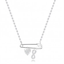 Strieborný 925 náhrdelník - zicherka s príveskami v tvare srdca a vzor Infinity, číre zirkóny