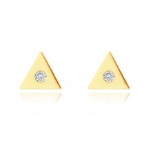 Zlaté 14K náušnice - malý trojuholník s čírym zirkónom v strede, puzetky