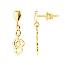 Náušnice zo 14K zlata - hudobný motív, husľový kľúč, slzička, hladký a lesklý povrch
