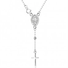 Strieborný 925 náhrdelník - medailón s Pannou Máriou a krížom, retiazka s korálkami