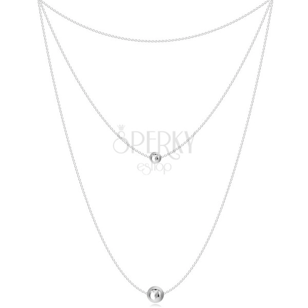 Strieborný 925 náhrdelník - tri retiazky rôznych dĺžok, dve hladké lesklé guličky