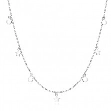 Dlhý strieborný 925 náhrdelník - tenká retiazka, hviezdičky, kolieska, perový krúžok
