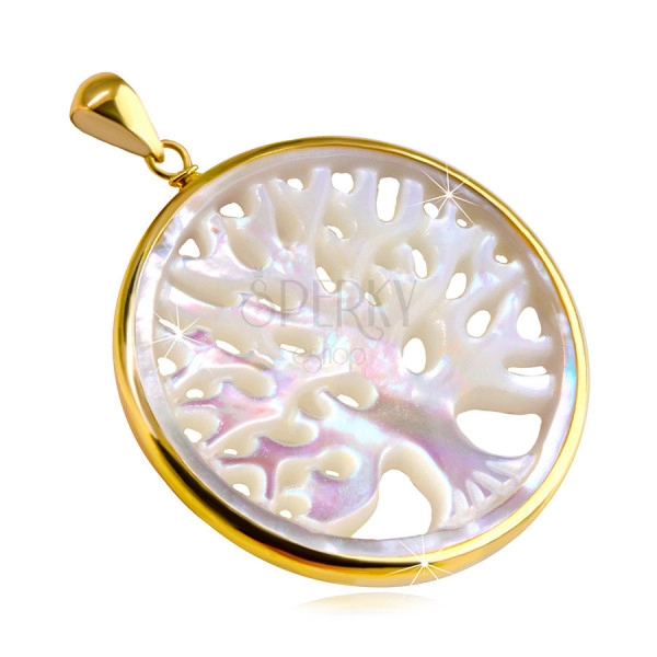 Zlatý 9K prívesok - veľký hladký kruh, strom života, perleť, dúhové odlesky
