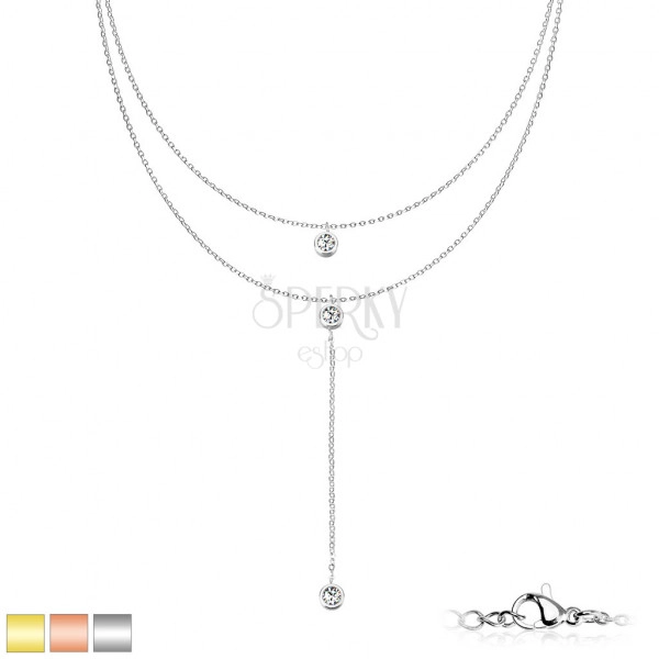 Dvojitý náhrdelník z chirurgickej ocele - číre krištáliky v objímkach, PVD, karabínka