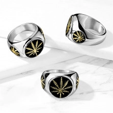 Mohutný oceľový 316L prsteň - marihuanové listy v kruhoch s glazúrou