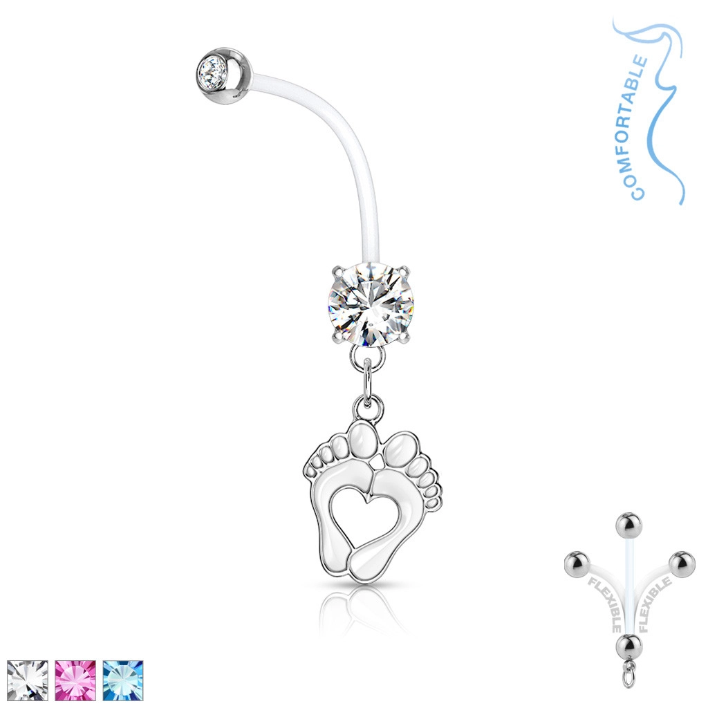 E-shop Šperky Eshop - Oceľový piercing do bruška pre tehotné ženy - bioflex, zirkón, odtlačky nôh O15.05 - Farba zirkónu: Ružová - P