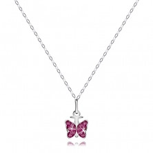 Strieborný 925 náhrdelník - lesklá retiazka, motýlik, okrúhle ružové zirkóny 