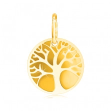 Prívesok zo žltého 14K zlata - okrúhly hladký podklad, obrys stromu života