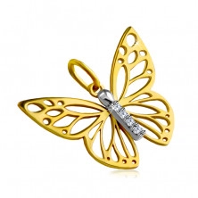 Prívesok z kombinovaného 14K zlata - motýlie krídla s výrezmi, krátka zirkónová línia