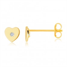 Diamantové náušnice zo 14K žltého zlata - srdiečko s drobným briliantom 