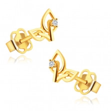 Diamantové náušnice v 14K žltom zlate - dva lístočky s čírym okrúhlym briliantom