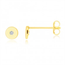 Diamantové náušnice zo 14K žltého zlata - plochý krúžok s čírym briliantom