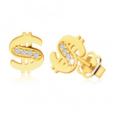 Diamantové náušnice v žltom 14K zlate - dolár zdobený drobnými briliantmi čírej farby