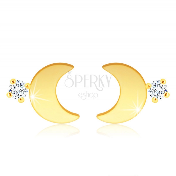 Diamantové náušnice z 9K zlata - lesklý mesiačik, ligotavý číry briliant, puzety