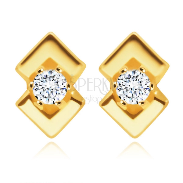 Diamantové náušnice v žltom zlate 585 - okrúhly briliant, dva lesklé trojuholníky