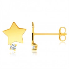 Diamantové náušnice v 9K žltom zlate - hviezdička s čírym briliantom, puzety 