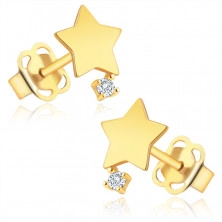 Diamantové náušnice v 14K žltom zlate - lesklá hviezdička s čírym briliantom, puzety