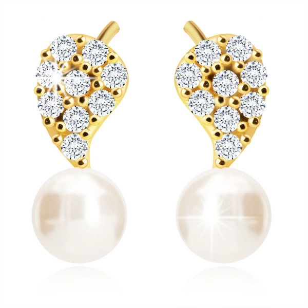 Diamantové náušnice zo 14K zlata - motív listu, číre brilianty, sladkovodná biela perla