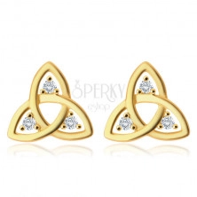 Diamantové náušnice zo 14K zlata - symbol Triquetra, číre brilianty, puzetky