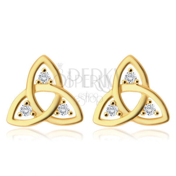 Diamantové náušnice zo 14K zlata - symbol Triquetra, číre brilianty, puzetky