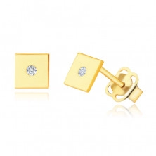 Diamantové náušnice zo 14K žltého zlata - hladký lesklý štvorček, drobný briliant