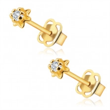 Diamantové náušnice zo 14K zlata - drobný kvet s čírym briliantom, puzetky