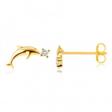 Diamantové náušnice zo 14K žltého zlata - hladký lesklý delfín, okrúhly briliant