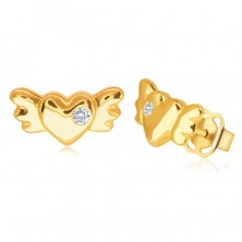 Diamantové náušnice zo 14K žltého zlata - srdiečko s krídlami a briliantom čírej farby