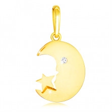 Diamantový prívesok v žltom 9K zlate - mesiačik s briliantovým očkom, hviezdička
