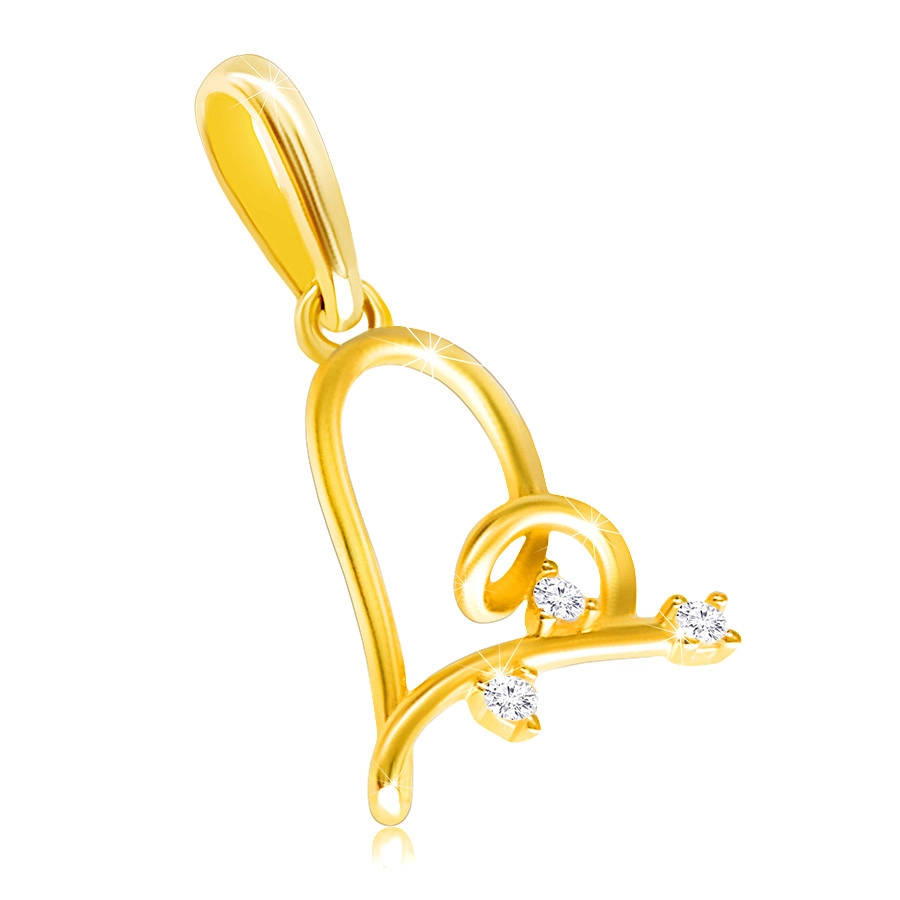 E-shop Šperky Eshop - Diamantový prívesok v žltom 9K zlate - nepravidelné línie srdiečka, okrúhle číre brilianty S3BT506.46