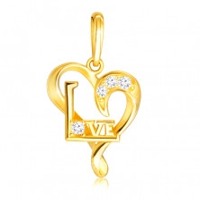 Diamantový prívesok zo žltého 375 zlata - línie malého srdca, číre brilianty, nápis "Love"