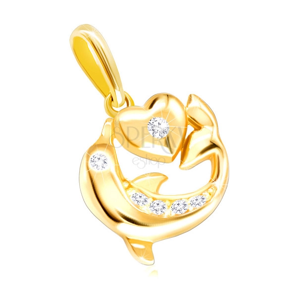 Diamantový prívesok zo žltého 375 zlata - skákajúci delfín, malé srdce, číre brilianty 