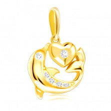 Diamantový prívesok zo žltého 375 zlata - skákajúci delfín, malé srdce, číre brilianty 