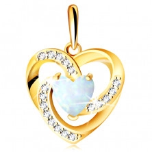 Diamantový prívesok zo žltého 14K zlata - srdce z bieleho syntetického opálu, číre brilianty