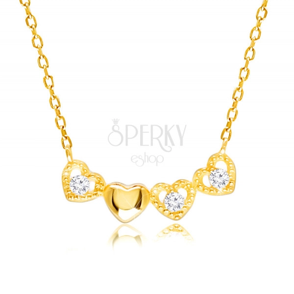 Diamantový náhrdelník zo žltého 14K zlata - pospájané srdiečka, číre brilianty