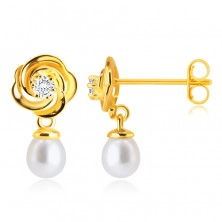 Diamantové náušnice v 14K žltom zlate - briliant, kvet s lupeňmi, biela sladkovodná perla