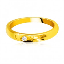 Diamantová obrúčka v žltom 585 zlate - nápis "LOVE" s briliantom, hladký povrch, 1,6 mm