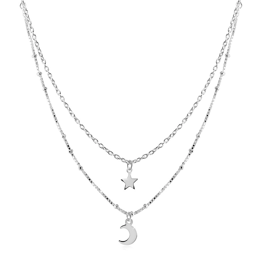 Strieborný 925 náhrdelník - dvojitá retiazka, prívesok hviezdička a polmesiačik