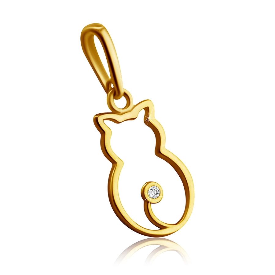 E-shop Šperky Eshop - Prívesok zo 14K žltého zlata - obrys sediacej mačky, číry okrúhly briliant v objímke S3BT508.20