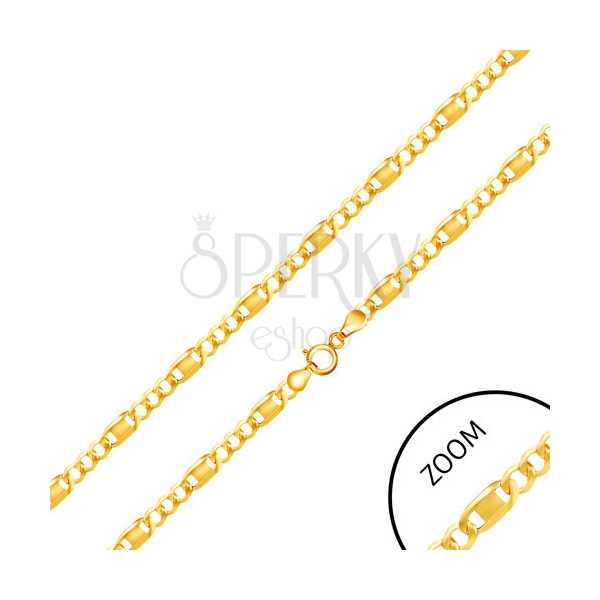 Lesklá zlatá retiazka 585 - tri oválne očká, článok s obdĺžnikovou známkou, 500mm