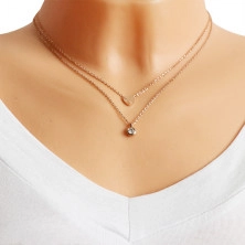 Dvojitý oceľový náhrdelník - srdiečko a číry zirkón v objímke, medená farba